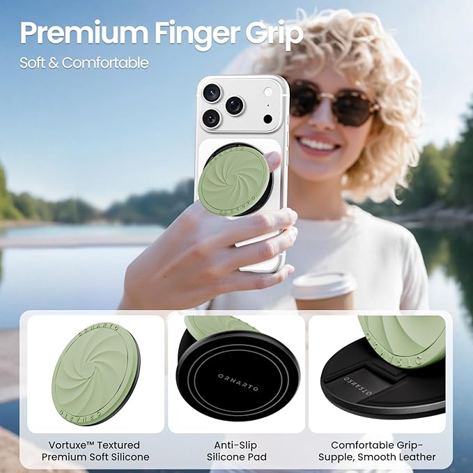 ORNARTO Vortuxe for MagSafe Phone Grip with Kickstand, Soft Liquid Silicone Finger Loop Grip, Phone Ring Holder for Back of Phone, Premium Build & Comfy Touch, Matcha