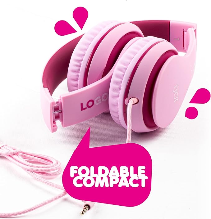 iJoy Premium Headphones with Microphone for Kids Kid Safe Over-Ear Headphones with Hearing Protection for Boys & Girls- Kid’s Adjustable Headset with Mic for School, Music- Blue (Pink)