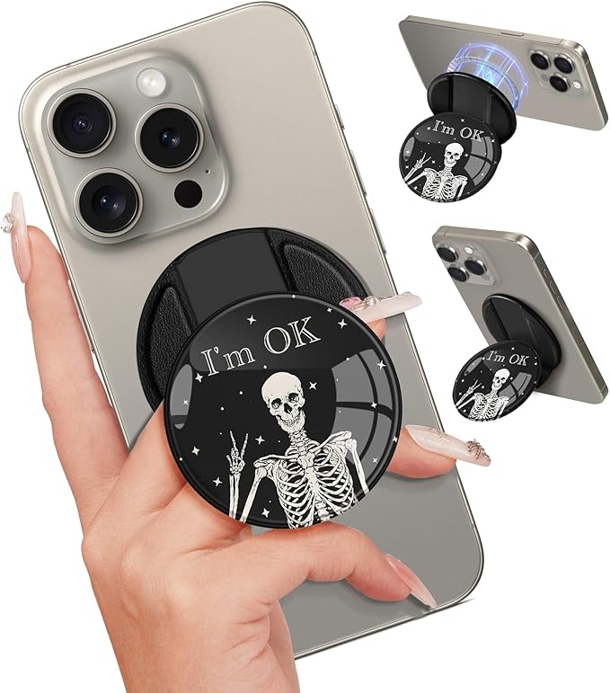 Kidcube Magnetic Phone Grip Compatible with Magsafe - Cell Phone Grip Stand Ring Holder Magnet Kickstand Removable Accessories for iPhone 16 Pro Max/16/15/14/13/12 Series Women Cute Funny Skull