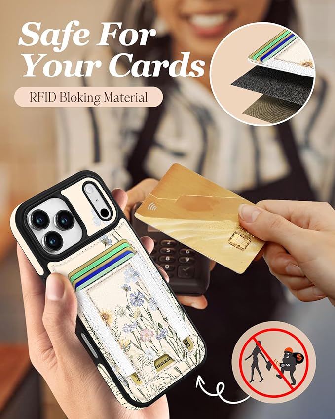 Shorogyt for iPhone 17 Pro Max Case Wallet - Fits 5 Cards, Compatible with Magsafe Magnetic Credit Card Holder Leather Cardholder Cute Phone Cover Women Girls for Apple 17 ProMax, Color Flower
