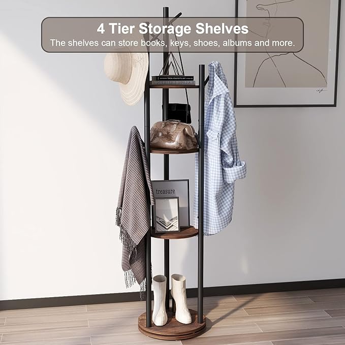 Rotary Coat Rack Freestanding Metal Coat Hall Tree Stand with 4 Tiers Storage Display Shelf and 9 Hooks for Entryway Bedroom Corner Office Garment Clothes Holder (Brown)