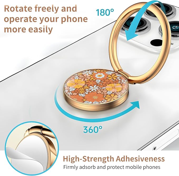 Cell Phone Ring Holder, Cute Metal Phone Grip Stand Finger Ring Kickstand, Flexible 360°Rotation Phone Tablet Case Accessories Compatible with Most Phones Cute Orange Flowers