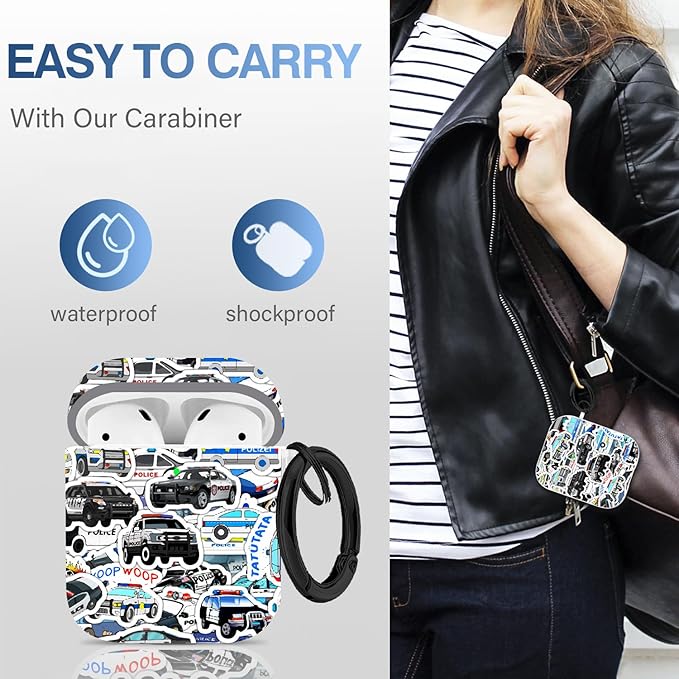 Maxjoy Compatible with AirPods 2nd Generation Case Cover, Cute Flowers Soft Protective for AirPod Gen 1&2 Charging Case,Police Car Lanyard