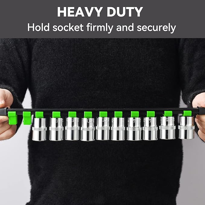 ALOANES 6PC ABS Socket Organizer, Socket Rails Fit 3/8 inch Drive, Heavy Duty Socket Holders Hold up to 90 Sockets, Black Rails with Green Clips