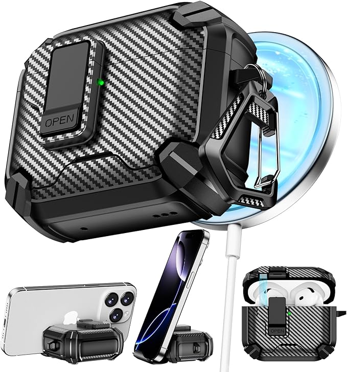 Compatible with AirPods 4 Case,Magnetic Automatic Lock with Phone Stand & Cleaning Kit,Compatible with Magsafe,Carbon Fiber Texture Cover -Black