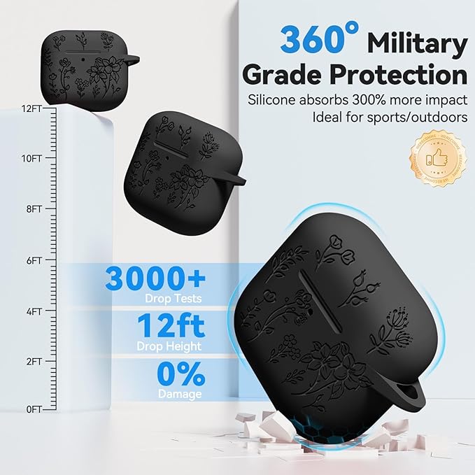 for AirPods 4 Case, Soft Silicone Flower Engraved Airpod 4 Cases with Qute Keychain & Cleaning Kit, Compatible with AirPods 4th Generation 2024 Cover for Women Girly, Anti-Scratch, Shockproof