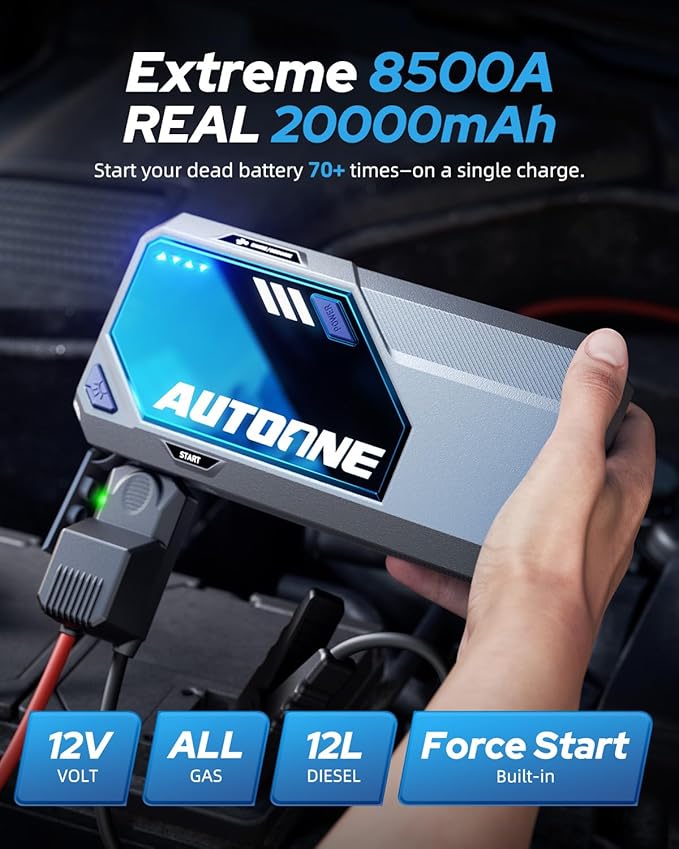 AUTOONE M5 8500A Car Jump Starter 12V Battery Jumper Starter Portable (All Gas/All Diesel) 168W DC Jump Box for Car Battery with Built-in Booster, Type-C Fast Charge & Jumper Cables Jump Pack