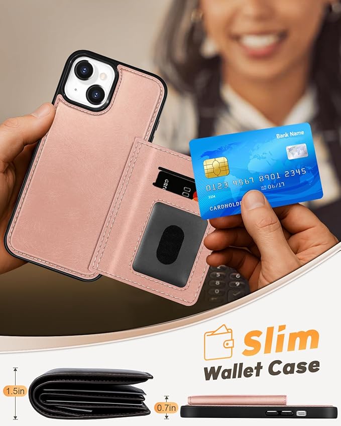 for iPhone 14/13 Case with Wallet - Fits 4 Card Slots, Compatible with MagSafe for Women Aesthetic Durable PU Leather Credit Card Holder Kickstand Phone Cover for Apple 14/13, Rose Gold