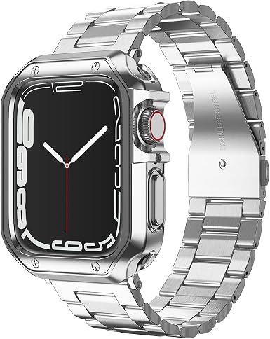 Compatible with Apple Watch Band and Case, Stainless Steel Metal Chain with Soft TPU Cover, Smart-Watch Link Bracelet Strap, Wrist-Band for i-Watch Series 9 8 7 6 5 4 3 2 1 SE, 45mm 44mm 42mm, Silver - Image 3