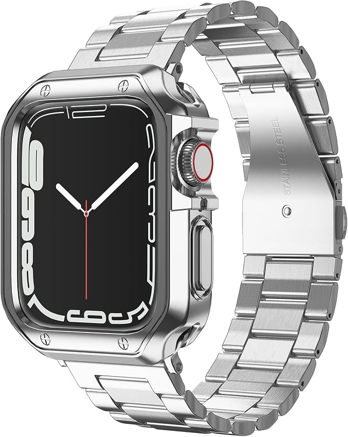 Compatible with Apple Watch Band and Case, Stainless Steel Metal Chain with Soft TPU Cover, Smart-Watch Link Bracelet Strap, Wrist-Band for i-Watch Series 9 8 7 6 5 4 3 2 1 SE, 45mm 44mm 42mm, Silver - Image 8