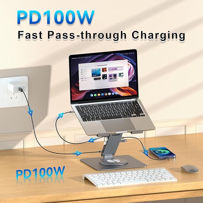 Laptop Docking Station for MacBook Pro/Air/Dell/HP/Surface HC 11-in-1 USB C Hub 360°Rotatable Laptop Stand with USB Hub 4K HDMI USB 3.0 PD100W 3.5mm Audio Jack RJ 45 TF/SD Reader Universal Laptop Dock