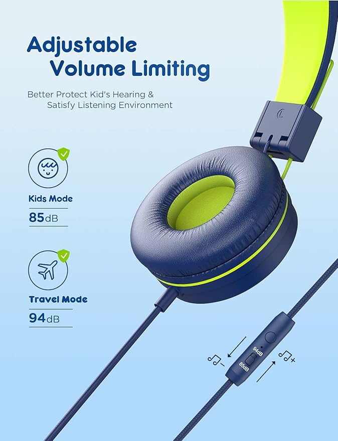 iClever Kids Headphones with Microphone, 85dB/94dB Volume Limited, Stereo 3.5mm Jack, Tangle-Free Wired Headphones for Boys/Girls/School/Travel/iPad, Green