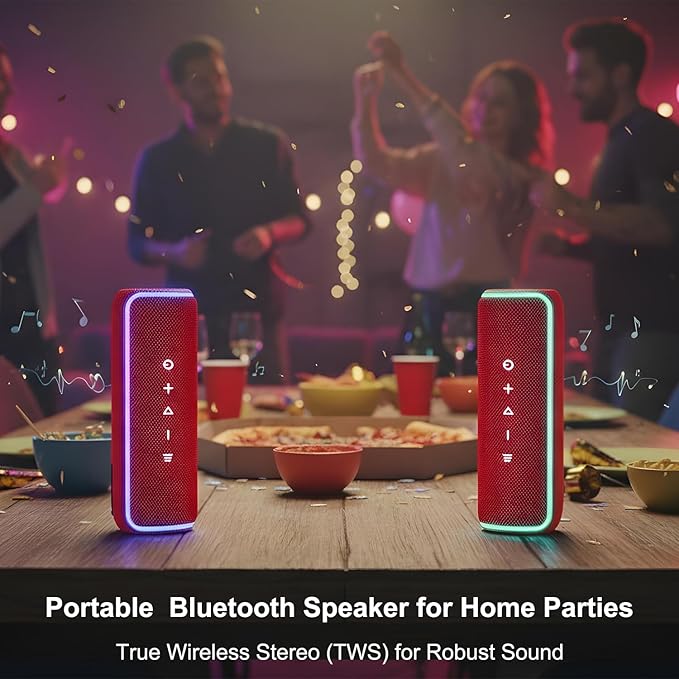 IPX7 Waterproof Wireless Outdoor Speaker, Portable Bluetooth Speake, 25H Playtime, LED Lights, TWS Pairing for Beach, Pool Parties, Shower, Valentine's Day Gift, Red