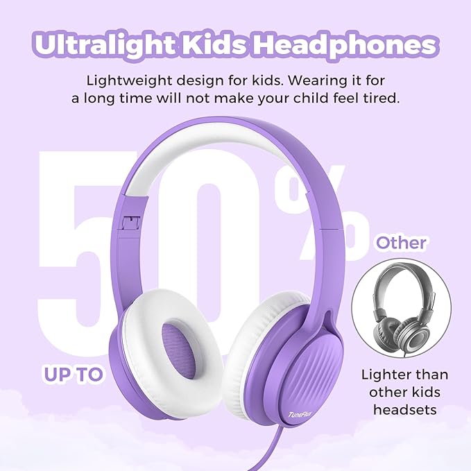 TuneFlux Upgraded Kids Headphones, Wired Toddler Headphones, 85dB Limited Volume On Ear Headphones, Portable Foldable Design, Stereo Sound Kids Headsets for School/Tablet/Travel-Purple