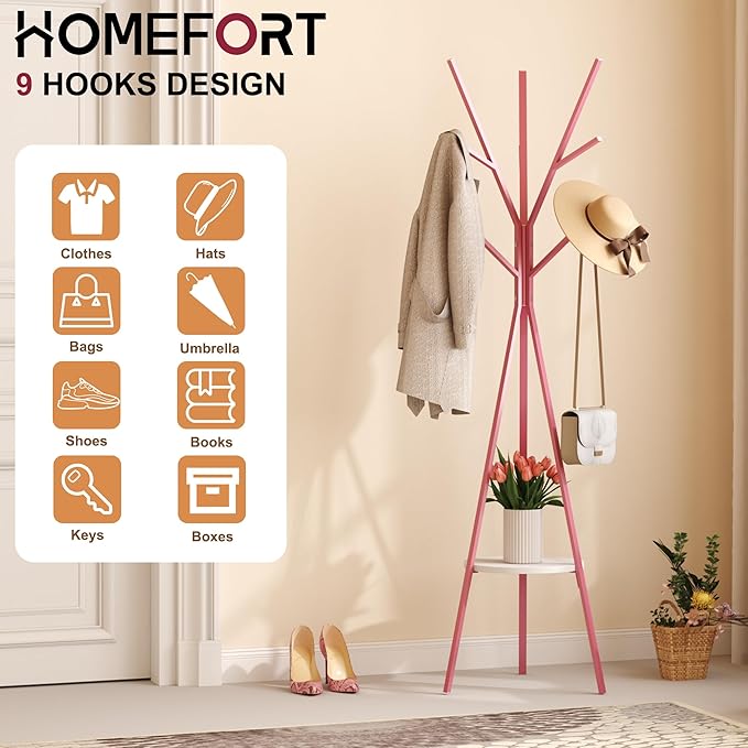 HOME BI Coat Rack Hat Stand Free Standing Display Hall Tree Metal Hat Hanger Garment Storage Holder with 9 Hooks for Clothes Hats and Scarves (Pink)