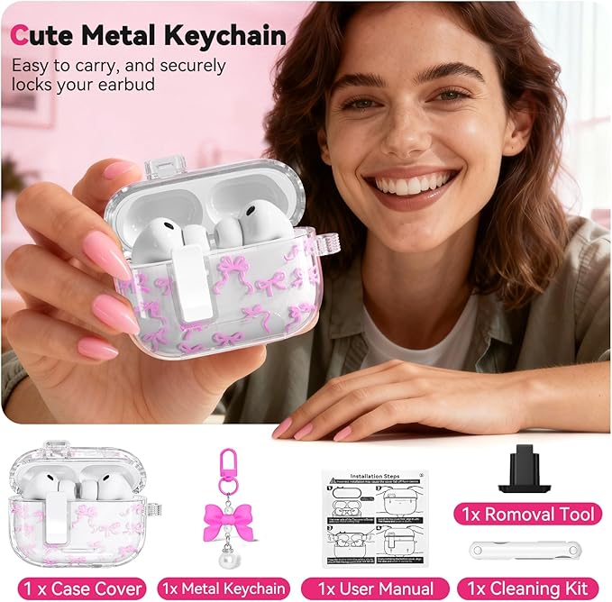 for AirPods Pro 3 Case with Secure Lock & Phone Stand, Bow-Print Clear Case for Apple AirPods Pro 3rd Generation 2025 Cover with Cleaner Keychain for Women Girly (Rose Red, Airpods Pro 3 (2025))
