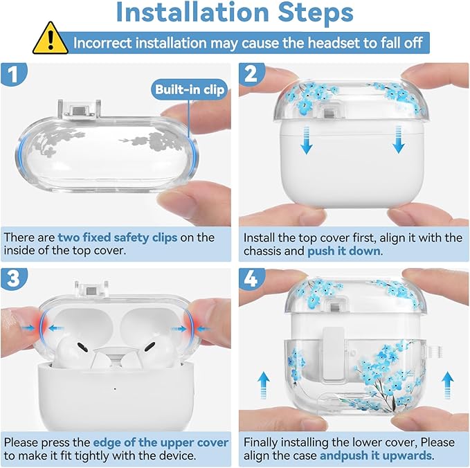 for AirPods Pro 2 Case Cute with Lock, Soft Clear Floral Case Cover for Apple AirPods Pro 2nd/1st Generation for Women Girly with Keychain Ring, with Phone Stand & Cleaning Kit -Blue Flower
