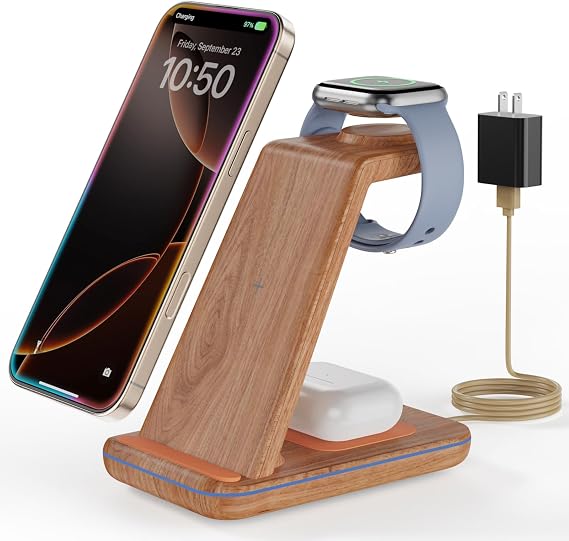 3 in 1 Wireless Charging, Wireless Charger Stand for Multiple Apple Devices, Wireless Charger for iPhone 17 16 15 14 13 12 11 Pro Max XS XR 8, Apple Watch 11 9 8 7 6 SE 5 4 3 2, AirPods 3/2/Pro