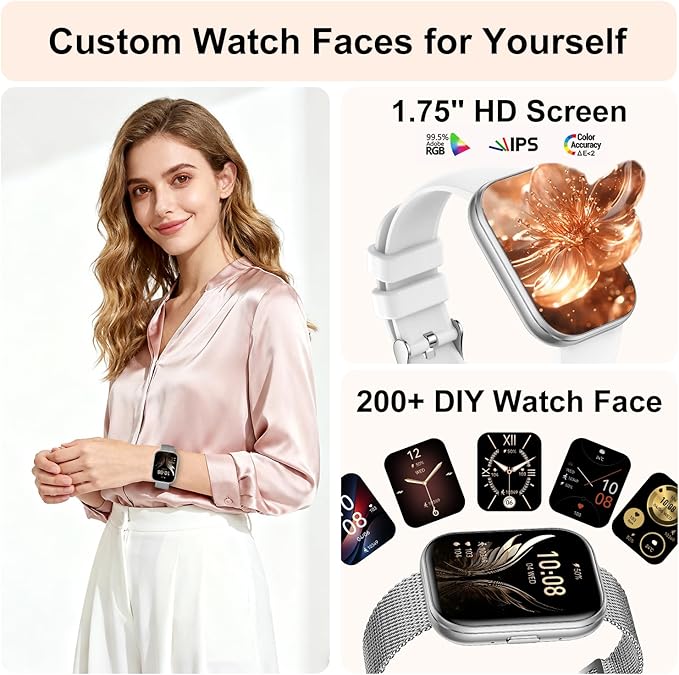 Smart Watches for Women, 1.75" HD Fitness Tracker (Answer/Make Calls), IP68 Waterproof Smartwatch with Heart Rate SpO2 Sleep Stress Monitor, 120+ Sports Modes Watch for Android & iPhone (Silver)