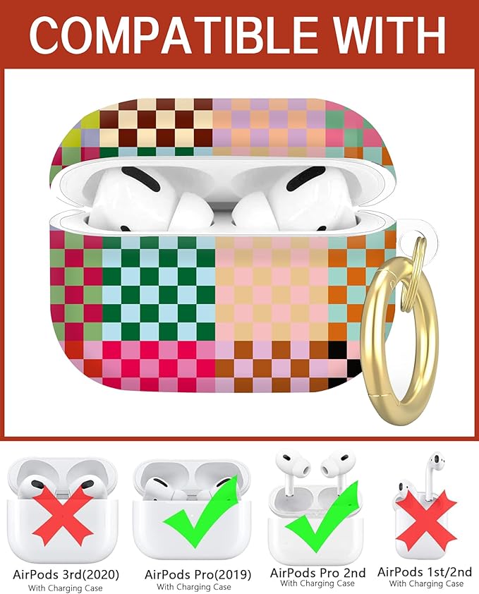Compatible with Airpod Pro 2nd/1st Generation,360° Full Protection Cover for Girl Women,Hard Case Portable & Shockproof for Airpod Pro 2nd Charging Case 2023/2022/2019(Checkered Colorful)