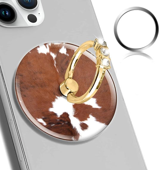 Magnetic Phone Ring Holder Compatible with MagSafe, Cute Phone Grip Stand with 360° Rotation Gold Glitter Finger Ring Kickstand Accessories for Most Phones Brown White Cowhide