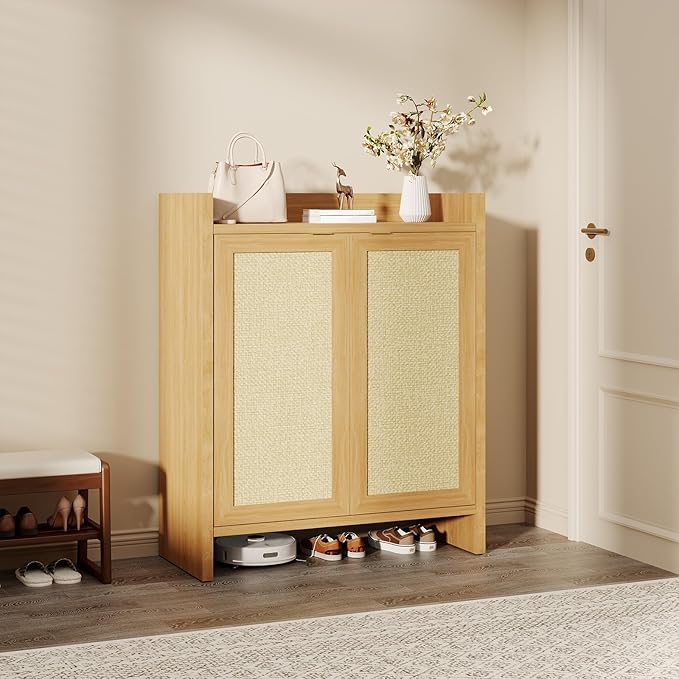Garvee Rattan Shoe Cabinet for Entryway, Wooden Shoe Rack Freestanding Storage Cabinet with Adjustable Shelves for Living Room Hallway, Dark Oak