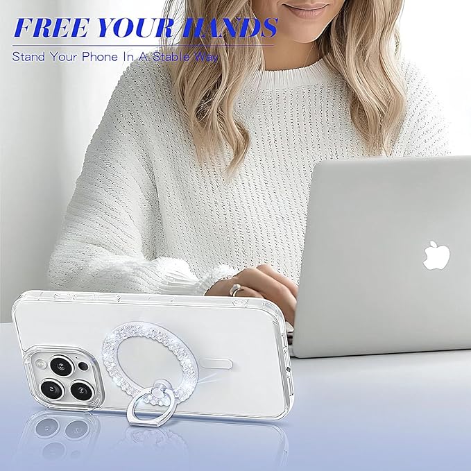 Bling Magnetic Phone Ring Holder for Mag-Safe, Glitter Magnet Cell Phone Grip Stand Sparkle Finger Ring Magnetic Compatible with iPhone 16 Pro Max 15 14 13 12 Mag-Safe Accessories（White）