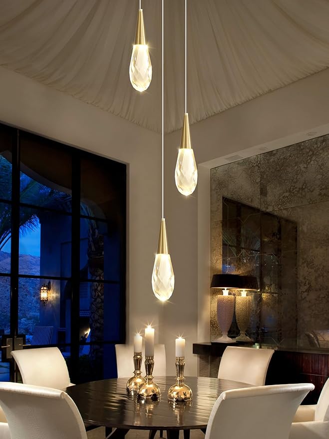 3-Lights Crystal Pendant Light Kitchen Islan Gold Hanging Chandelier Teardrop Crystal Pendant Light Fixture for Dining Room, Living Room,Kitchen lsland, Foyer