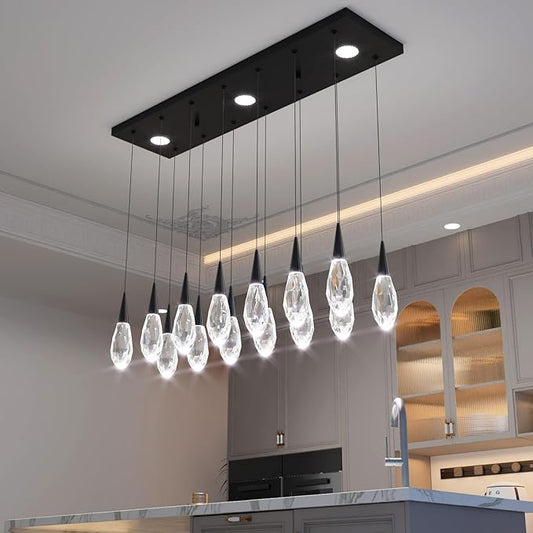 14-Lights Modern Rectangular Chandelier LED Black Pendant Light Fixture Raindrop Ceiling Chandeliers for Living Room Staircase Foyer