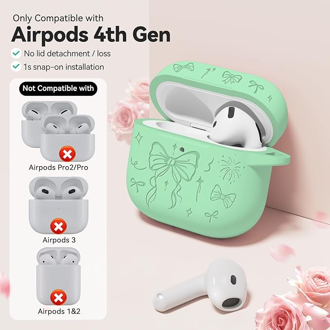 for Airpods 4 Case Cover, Joremx Cute Bow Engraved Silicone Protective Case Cover with Keychain, Cleaner Kit for AirPods 4th Generation Case 2024 (Mint Green)