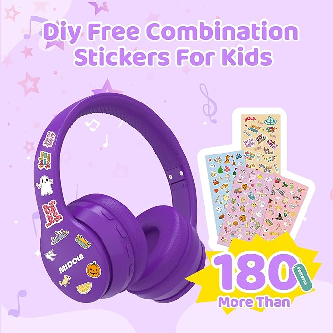 MIDOLA Kids Headphones Bluetooth 5.4 Wireless 68H Play Time Volume Limit 85/94dB Over-Ear Foldable Headset,Type-C Fast Charging, Wired Aux Mic for Toddler Child Pad Tablet Purple
