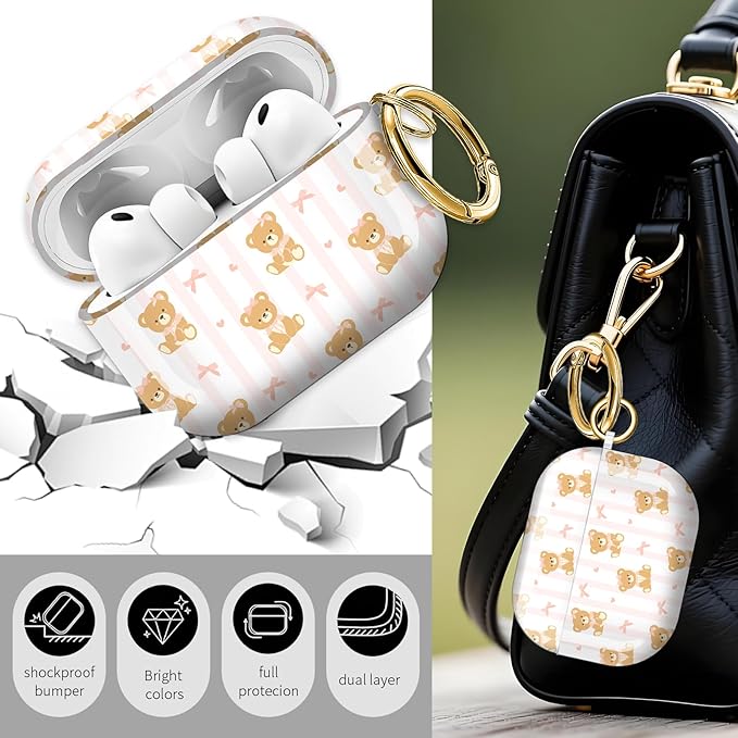 Cute Hard Case Compatible with AirPods Pro 3rd Generation Case (2025), Shockproof Protective Cover with Golden Keychain Ring Clip (Cute Bear Bow)