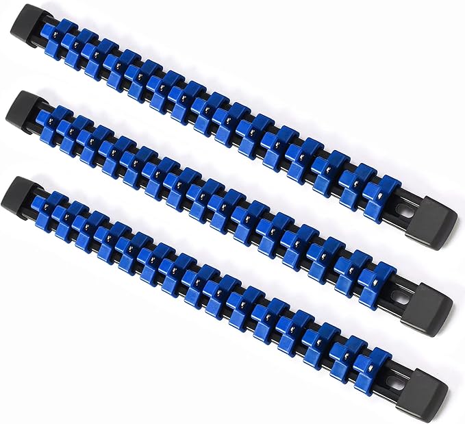 ALOANES 3PC ABS Socket Organizer, Socket Rails Fit 3/8 inch Drive, Heavy Duty Socket Holders Hold up to 45 Sockets, With Black Rails and Blue Clips