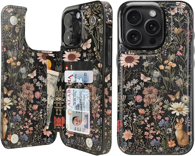 uCOLOR Compatible with iPhone 14 Pro 6.1" Wallet Case with Card Holder Folio Flip PU Leather Kickstand Card Slots Case Double Magnetic Clasp and RFID Blocking Cover (Wild Garden)