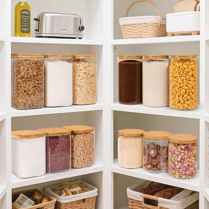 ComSaf Glass Food Storage Containers with Bamboo Lid (4.2Qt/1.5Qt), Glass Jar with Airtight Lid Clear Glass Food Canister Set of 2 for Dry food like Rice, Sugar, Flour, Pasta, Cereal, Beans, Nuts