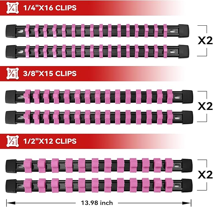 ALOANES 12PC ABS Socket Organizer, Socket Rails Fit 1/2 inch, 3/8 inch and 1/4 inch Drive Hold up to 172 Sockets, Heavy Duty Socket Holders, Black Rails with Pink Clips