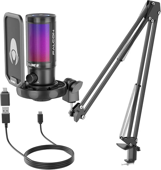 talomen Gaming Microphone for PC Computer, USB Streaming Condenser Mic Kit with RGB, Quick Mute, Gain Knob, Boom Arm Stand, Pop Filter for Podcasts YouTube F8S