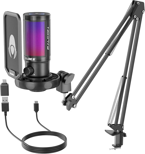 talomen Gaming Microphone for PC Computer, USB Streaming Condenser Mic Kit with RGB, Quick Mute, Gain Knob, Boom Arm Stand, Pop Filter for Podcasts YouTube F8S