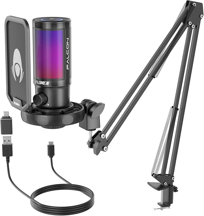 talomen Gaming Microphone for PC Computer, USB Streaming Condenser Mic Kit with RGB, Quick Mute, Gain Knob, Boom Arm Stand, Pop Filter for Podcasts YouTube F8S