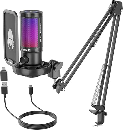 talomen Gaming Microphone for PC Computer, USB Streaming Condenser Mic Kit with RGB, Quick Mute, Gain Knob, Boom Arm Stand, Pop Filter for Podcasts YouTube F8S