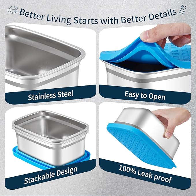 Airtight Silicone Lids Stainless Steel Food Containers - 5 Pack Extra Heavy Duty Meal Prep Boxes for Lunch, Freezer & Dishwasher Safe
