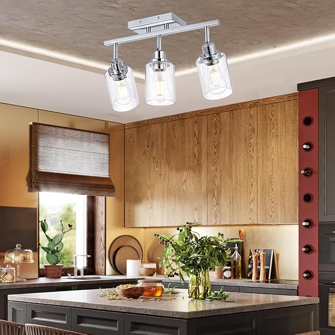 3-Light Chrome Track Light Fixture Ceiling Track Lighting Heads with Seeded Glass Chrome Multi-Directional Rotating Track Lighting Kit Vanity Light Spotlight for Kitchen Accent Shop Bathroom