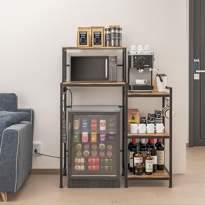 Multifunctional 6-Tier Mini Fridge & Microwave Stand with 2 AC/2 USB Outlets - Coffee Bar & Bakers Rack Storage Shelf, Mini Fridge Cabinet for Kitchen, Dorm, Living Room