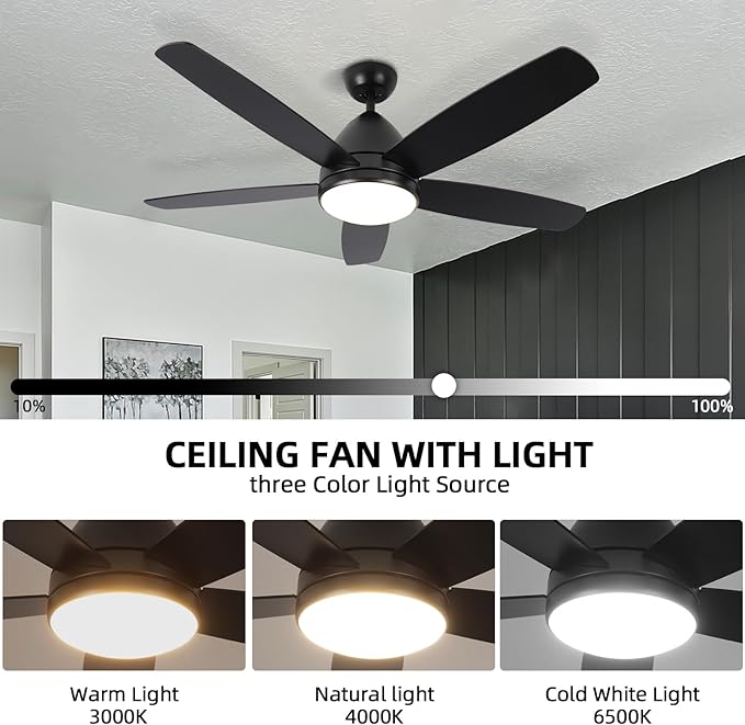 Smart Ceiling Fan with Light, 52 Inch Modern Black Outdoor Ceiling Fan and Remote/App, Dimmable Tri-Color LED and Reversible Motor for Indoor Bedroom/Outdoor Covered Patio