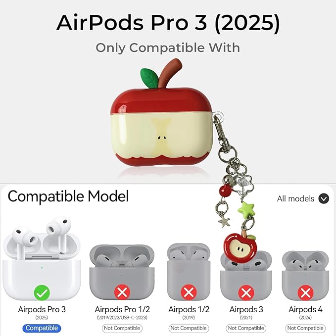 for AirPods Pro 3 Case 2025 - Cute 3D Red Apple Design with Apple Pendant Keychain,Soft Shockproof Silicone Cover, for Girls Women