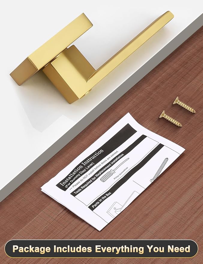 4 Pack Gold Dummy Lever Door Handles for Closets French Doors, Satin Brass Finish, Interior Dummy Door Locksets for Hall Closet Door Knobs Lock Reversible Right & Left Handed