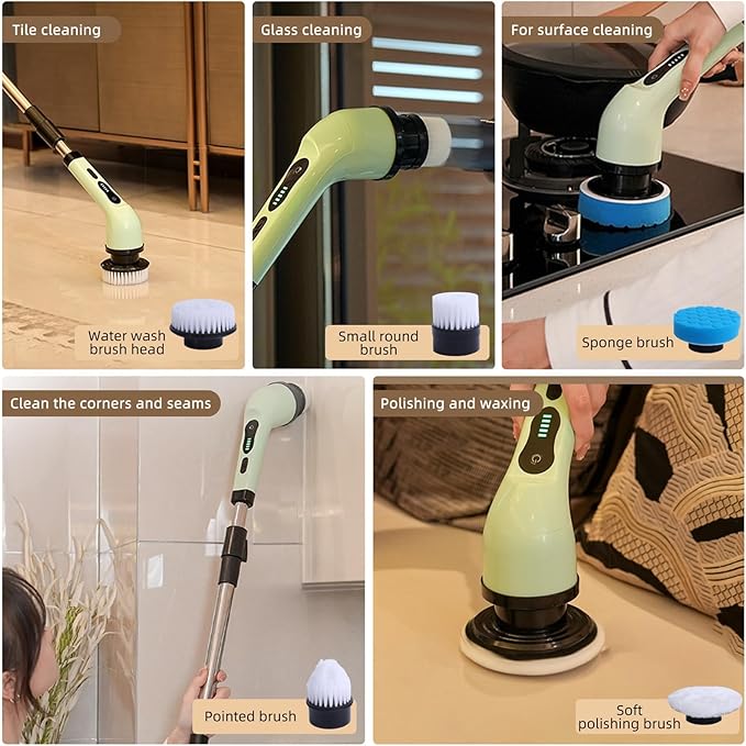 Cordless Electric Spin Scrubber, 9 Replacement Cleaning Heads IPX6 Dual Cleaning Brush with Extension Arm for Bathroom Bathtub Grout Tile Floor (9