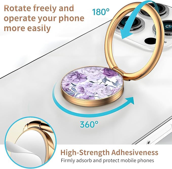 Cell Phone Ring Holder, Cute Metal Phone Grip Stand Finger Ring Kickstand, Flexible 360°Rotation Phone Tablet Case Accessories Compatible with Most Phones Luxury Purple Flowers