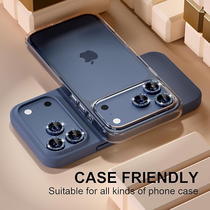 Misea Compatible for iPhone 17 Pro/iPhone 17 Pro Max Camera Lens Protector Bling, 9H Tempered Glass Camera Cover Screen Protector Metal Individual Ring Decoration Accessories, Blue Glitter