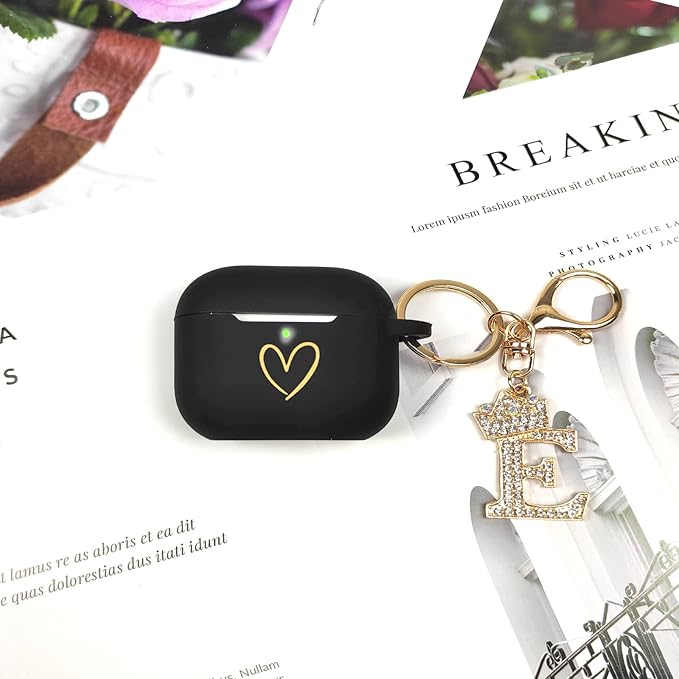 Compatible with AirPods Pro 3 Case Cover (2025), Soft Silicone Case with Gold Heart Pattern for AirPods Pro 3rd Generation Case with Rhinestone Studded Letter A-Z Keychain (E Black)